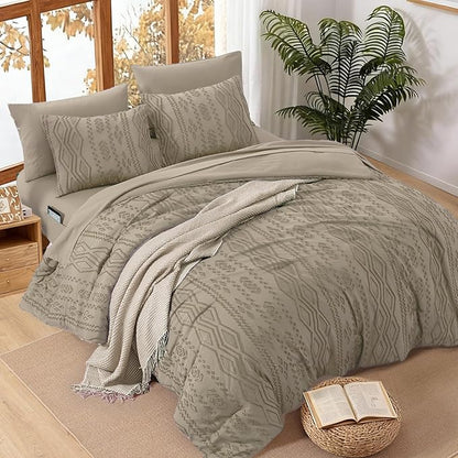WRENSONGE Full Size Comforter Set with Sheets - 7 Pieces Khaki Tufted Bed in a Bag Full Shabby Chic Bedding Sets with 1 Comforter, 2 Sheets, 2 Pillowcases & 2 Shams