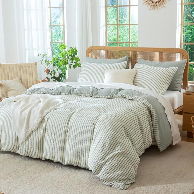 Queen Size Comforter Set Striped Soft Luxury Washed Microfiber Jacquard 3 Pieces Bedding, Grayish Green Vertical Ticking Stripes Pattern Comforter with 2 Pillowcases Breathable Durable Comfy