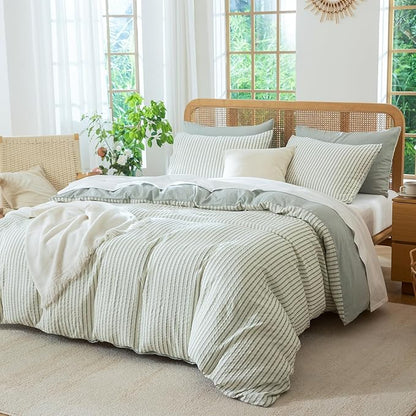 Queen Size Comforter Set Striped Soft Luxury Washed Microfiber Jacquard 3 Pieces Bedding, Grayish Green Vertical Ticking Stripes Pattern Comforter with 2 Pillowcases Breathable Durable Comfy