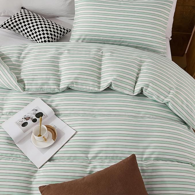 Bedbay Sage Green Striped Duvet Cover Set King Size, 100% Cotton Sateen Bedding Set, Silky Soft Breathable 3 Piece Farmhouse Minimalist Bedding for All Seasons