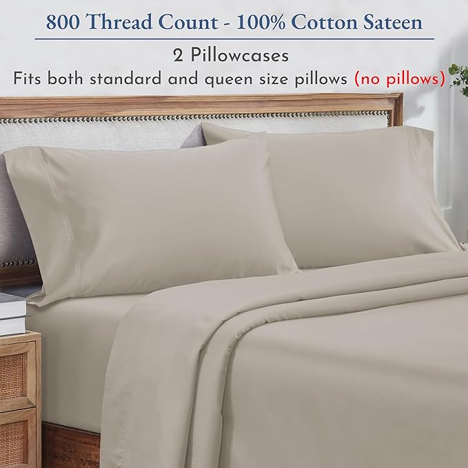 California Design Den Pillow Cases Standard Size Set of 2-800 Thread Count Sateen, Natural 100% Cotton Pillowcases, Fits Standard & Queen Pillows - Beige