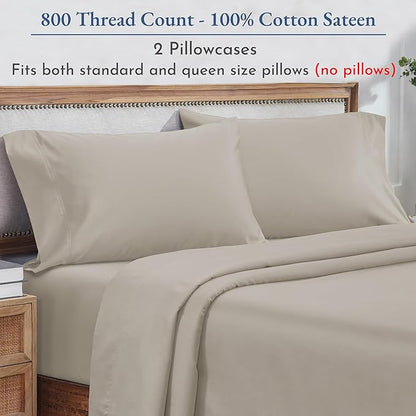 California Design Den Pillow Cases Standard Size Set of 2-800 Thread Count Sateen, Natural 100% Cotton Pillowcases, Fits Standard & Queen Pillows - Beige