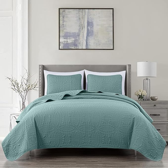 Chezmoi Collection Austin 3-Piece Oversized Bedspread Coverlet Set King, Spa Blue, 118 by 106-Inch | Oversized, Lightweight, Fade Resistant