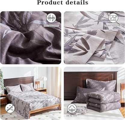 7-Piece Bed in a Bag King Comforter Set with Sheets, Black Leaves Botanical Design Lightweight Bedding for All Season (1 Comforter, 2 Pillow Shams, 1 Fitted Sheet, 2 Pillowcases)