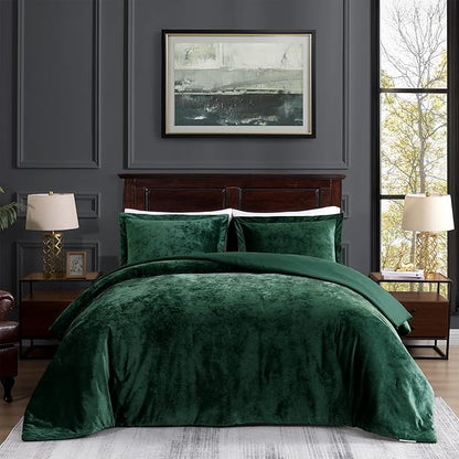 TAMGHO Crushed Velvet Comforter King Set, Dark Green Luxury Soft Velvet Bedding Set for All Seasons, 3 Pcs Bed Set, 1 Comforter (108"x96") and 2 Pillow Shams (20"x36")
