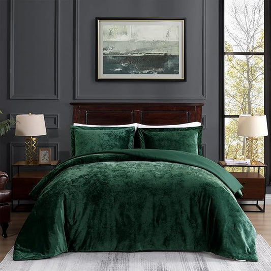 TAMGHO Crushed Velvet Comforter King Set, Dark Green Luxury Soft Velvet Bedding Set for All Seasons, 3 Pcs Bed Set, 1 Comforter (108"x96") and 2 Pillow Shams (20"x36")