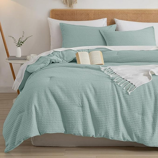 PHF Soft Waffle Comforter Set King Size- Comfy Breathable Waffle Weave Comforter with 2 Pillow Shams, 3 Pieces Less Snagging Lightweight Textured Bedding Set for All Season, Aqua
