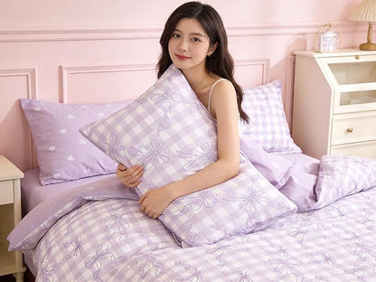 Light Purple Bowknot Comforter Set Twin Size for Girls, Gingham Bedding with Heart Pattern, 2 Pcs Checkered Plaid Quilted Comforter Set with 1 Pillowcase, 68"x86"