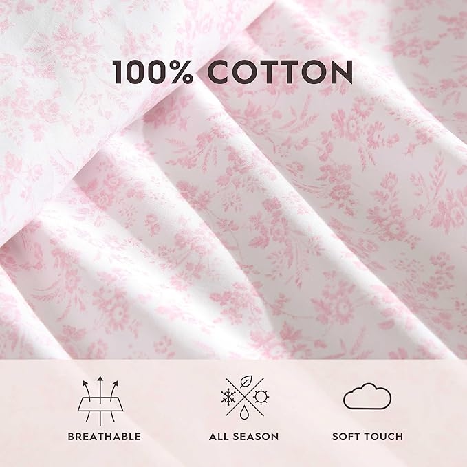 Laura Ashley - Twin Sheet Set, Crisp & Cool Cotton Percale Bedding with Deep Pockets, Lightweight for Year Round Comfort, Bed Sheets with Matching Pillowcases (Floral Toile Pink)