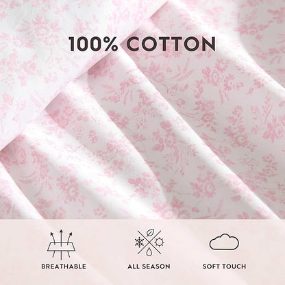 Laura Ashley - Queen Sheet Set, Crisp & Cool Cotton Percale Bedding with Deep Pockets, Lightweight for Year Round Comfort, Bed Sheets with Matching Pillowcases (Floral Toile Pink)