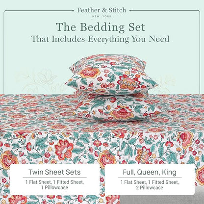 Feather & Stitch Softest 100% Cotton Sheets, 300 Thread Count Percale Weave Bedding, 16" Deep Pocket, Cooling Sheets, Breathable Bed Set, Hotel Premium Quality (King, Vintage Garden)