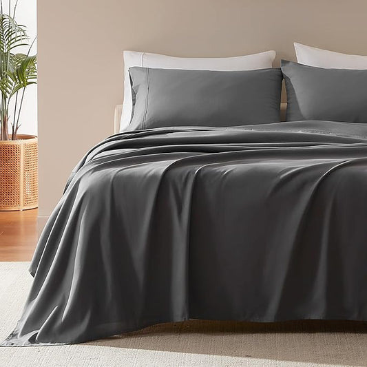 SLEEP ZONE Nanotex Super Soft Cooling Queen Bed Sheets Set 4 Piece - Easy Care Fitted Flat Sheet & Pillowcase Sets - Wrinkle Free, Fade Resistant, Deep Pocket 16" (Gray, Queen)