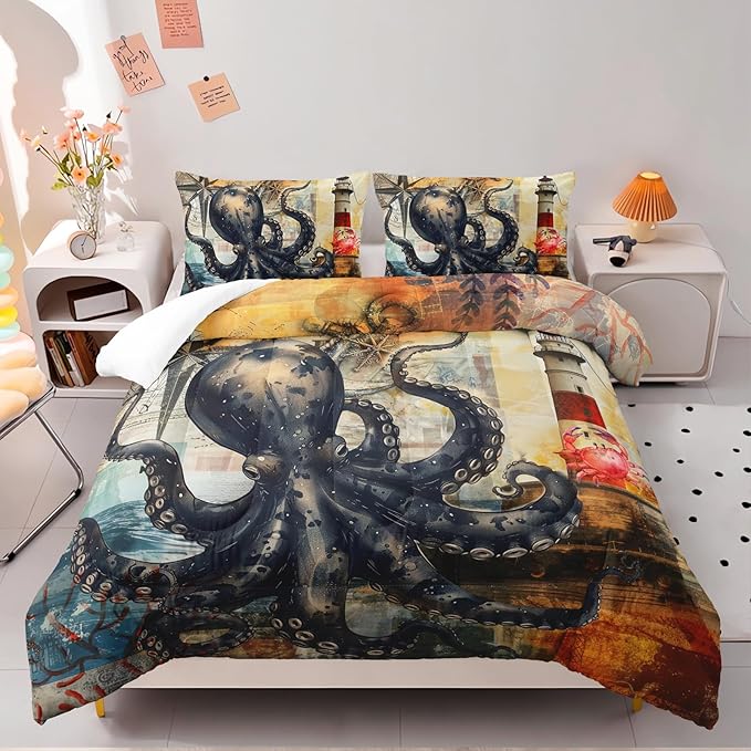 Octopus Comforter Set Queen Port Lighthouse Bedding Sets 3PCS for Kids Teen Adult Ocean Room Decor Ultra-Soft Lightweight Microfiber 1 Comforter with 2 Pillowcases