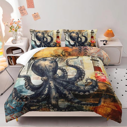 Octopus Comforter Set Full Port Lighthouse Bedding Sets 3PCS for Kids Teen Adult Ocean Room Decor Ultra-Soft Lightweight Microfiber 1 Comforter with 2 Pillowcases