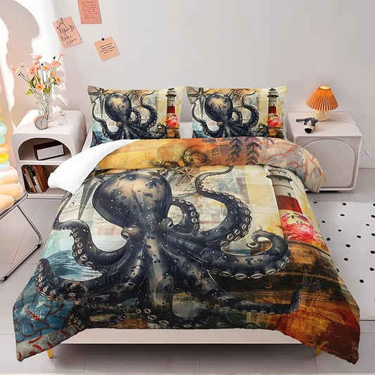 Octopus Comforter Set Full Port Lighthouse Bedding Sets 3PCS for Kids Teen Adult Ocean Room Decor Ultra-Soft Lightweight Microfiber 1 Comforter with 2 Pillowcases