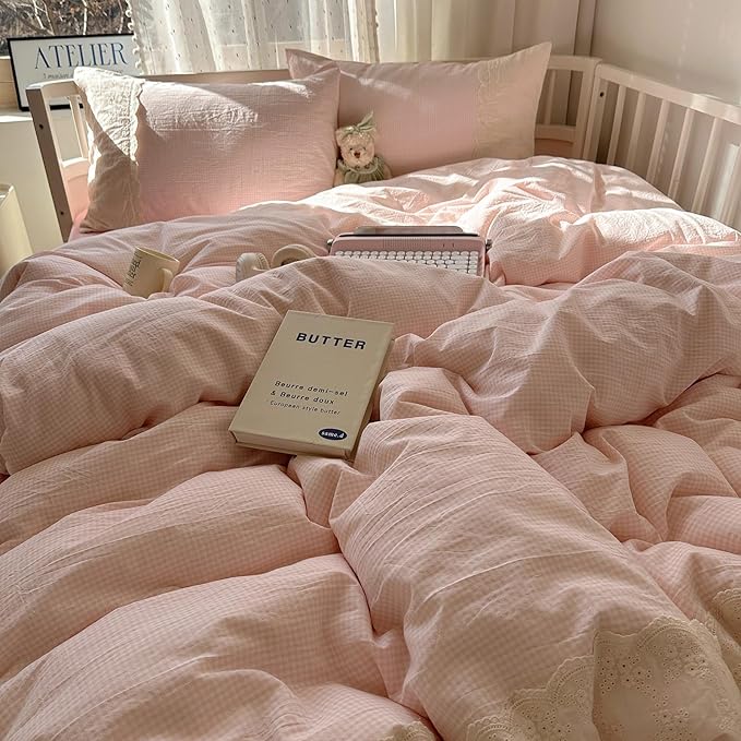 Pink Gingham Twin XL Comforter Fluffy Lightweight Bedding Set Farmhouse Boho Cozy Lace-Trimmed Bedding Comforter Set Down Alternative Microfiber Textured Plaid Comforter with 2 Pillowcases