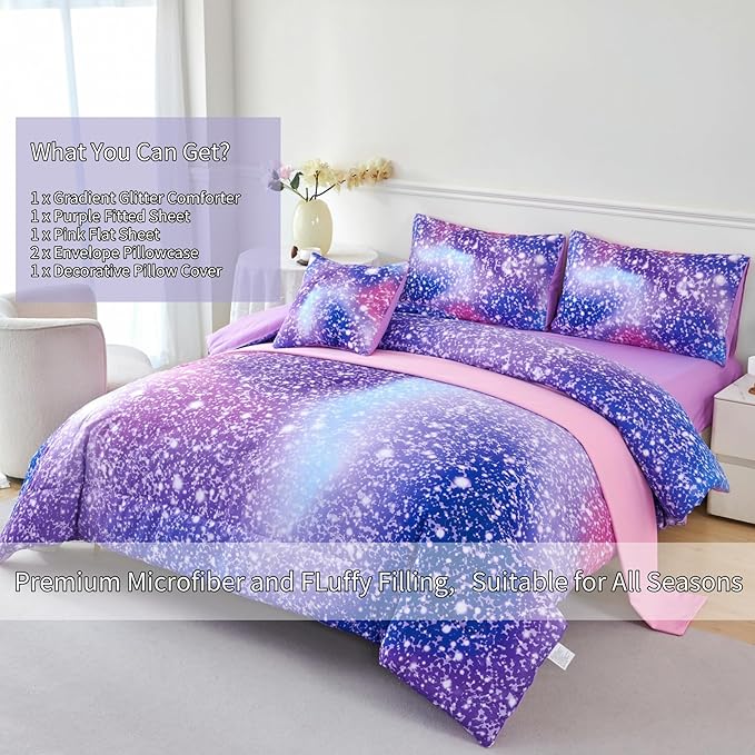 RYNGHIPY 6Pcs Girls Bedding Set Queen Size Purple Rainbow Comforter Set for Kids Teens Girls Glitter Bed in a Bag Lightweight Fluffy