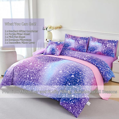 RYNGHIPY 6Pcs Girls Bedding Set Queen Size Purple Rainbow Comforter Set for Kids Teens Girls Glitter Bed in a Bag Lightweight Fluffy