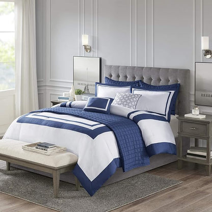 Madison Park Heritage Comforter Quilt Combo Set - Modern Luxury Design, All Season Down Alternative Bedding, Matching Shams, Decorative Pillows, King/Cal King(104"x92"), Color Block Navy 8 Piece