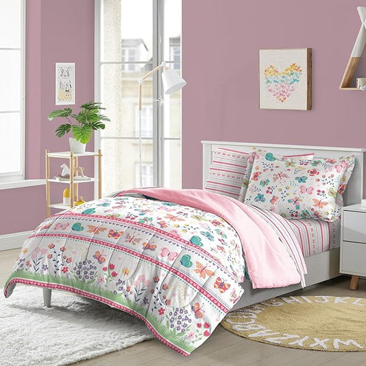 Dream Factory Kids 7-Piece Complete Bed Set Easy-Wash Super Soft Microfiber Comforter Bedding, Full, Pink Butterfly Garden