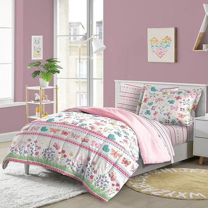 Dream Factory Kids 5-Piece Complete Bed Set Easy-Wash Super Soft Microfiber Comforter Bedding, Twin, Pink Butterfly Garden