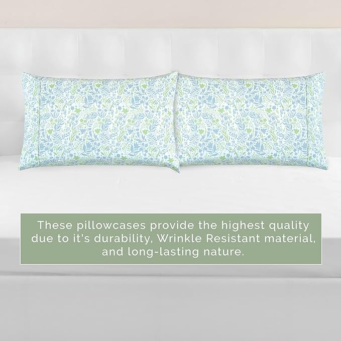 Elegant Comfort Ultra Soft Set of 2 Floral Print Pillowcases - 1500 Premium Hotel Quality Microfiber, Soft and Smooth Envelope Closure 2-Piece Pillow Covers - King, Green Anita