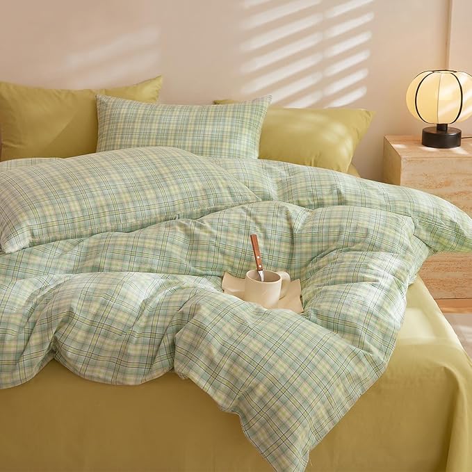 EAVD Modern Style Gingham Comforter Set Queen Pink Blue Green Grid Plaid Comforter Set Reversible Farmhouse Gingham Bedding Set with 2 Pillowcases Reversible Grid Checkered Bedding Set for All-Season