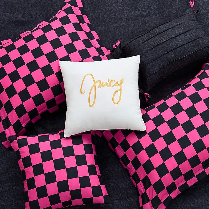 Juicy Couture Reversible Checkerboard Comforter Set 6-Piece King Set, Black/Hot Pink