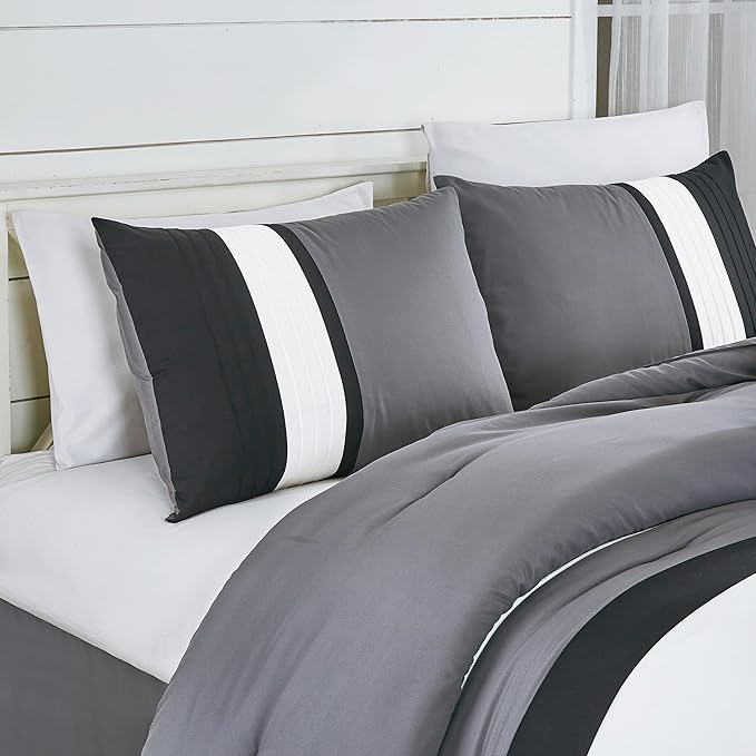 Chezmoi Collection Napa 7-Piece Luxury Leaves Scroll Embroidery Bedding Comforter Set (California King, Black/Gray/White)