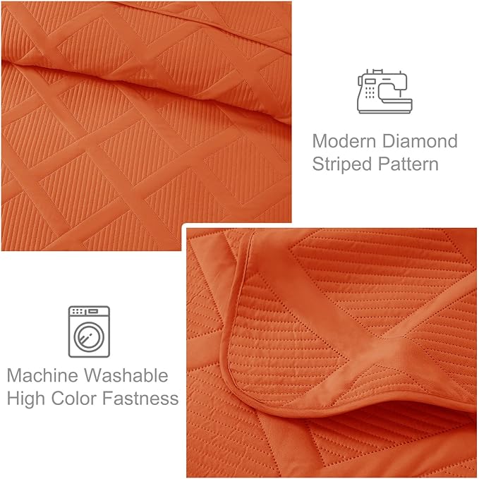 Exclusivo Mezcla Quilts Queen Size - Burnt Orange Quilt Set Bedspread with 2 Pillow Shams, Modern Bedding Set with Striped Pattern, Soft Lightweight Bedspreads Queen Size for All Seasons