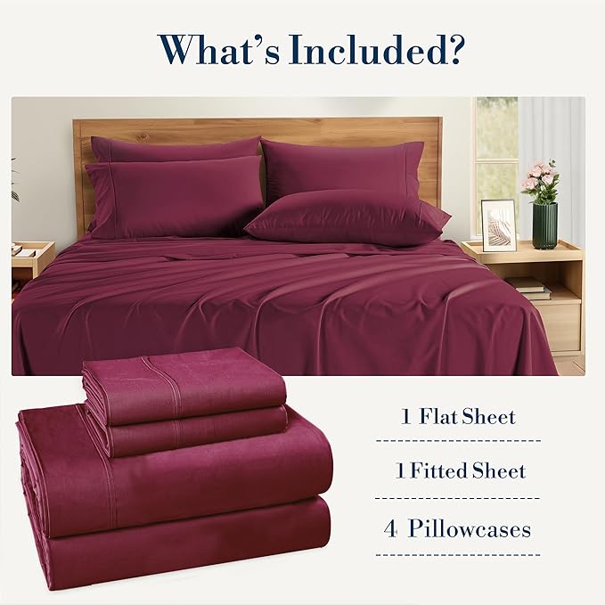 Casa Platino Twin XL Size Sheet Set – 4 Piece Cooling Sheets Twin XL Size 100% Cotton Crisp Percale Sheets with Breathable & Cozy Feel, 15" Deep Pocket Fitted Sheet for Secure Fit – Windsor Wine