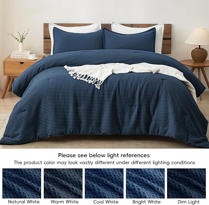 PHF Ultra Soft Waffle Weave Comforter Set California King Size, 3 Pieces Lightweight Breathable Comfy Bedding Set, Comfy Textured 1 Comforter with 2 Pillow Shams, Navy Blue
