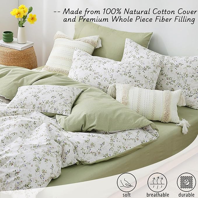 Botanical Cotton Comforter King Size - Tender Green Comforter Printed with Leafy Branches & Purple Stamens on Off-White,Reversible Lightweight Bedding Sets 3Pcs