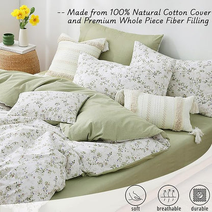 Botanical Cotton Comforter King Size - Tender Green Comforter Printed with Leafy Branches & Purple Stamens on Off-White,Reversible Lightweight Bedding Sets 3Pcs