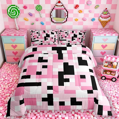 Pixelated Miners Kids Bedding Set Queen Size,Video Games Game Gamepad Comforter Set，Geometric Grid Square Quilt Comforter,Black Pink White Bedroom Duvet Insert,2 Pillowcases