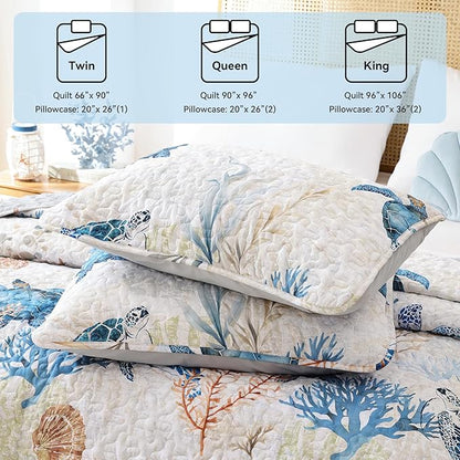 weigelia Coastal Quilt Set King Size - Sea Turtle Ocean Print Lightweight Soft Microfiber Summer Comforter with 2 Pillow Cases - Beach Bedding Coverlet Decor for All Seasons, Bedroom & Guest Room