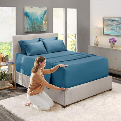 Hearth & Harbor Extra Deep Pocket King Size Sets - Fits Mattress 18-24 Inches Deep - Extra Deep Pocket Sheets - 6 Piece King Size - Blue Heaven