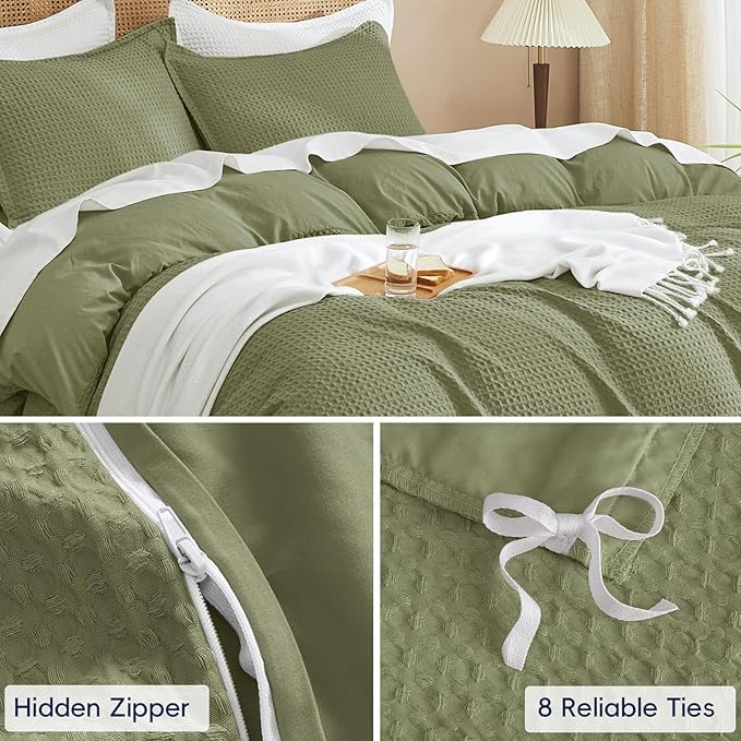 PHF Waffle Weave Duvet Cover Set Queen Size, No Snagging Ultra Soft Luxury Textured Breathable Comforter Cover for All Season 3pcs, Durable Bedding Duvet Set with 2 Pillow Shams, 90"x90", Olive Green