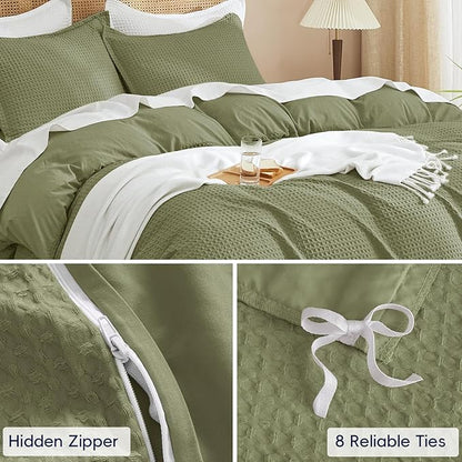 PHF Waffle Weave Duvet Cover Set Queen Size, No Snagging Ultra Soft Luxury Textured Breathable Comforter Cover for All Season 3pcs, Durable Bedding Duvet Set with 2 Pillow Shams, 90"x90", Olive Green