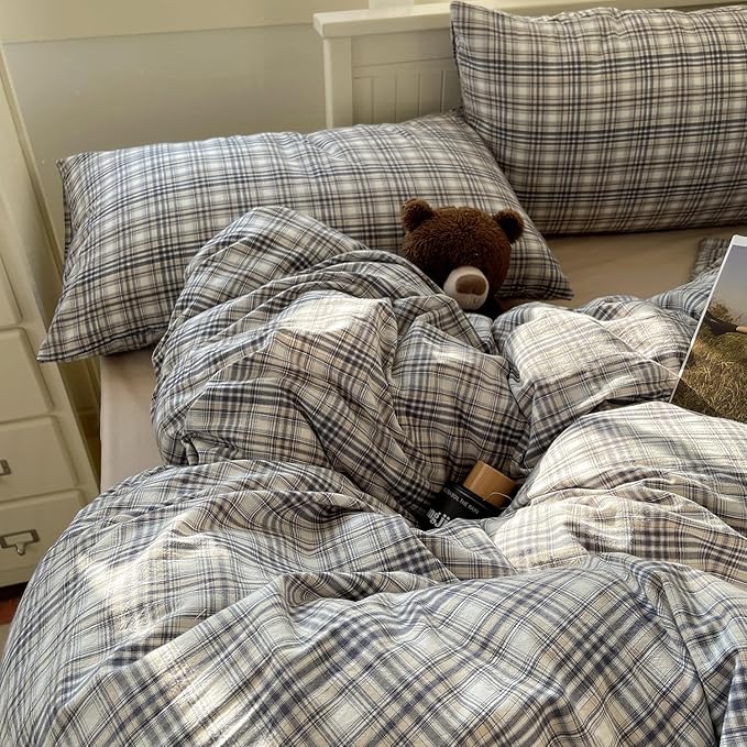 MKXI King Modern Plaid Duvet Cover Set 3 Piece - Deep Navy Washed Cotton Bedding, Modern Farmhouse Check Design, Breathable & Vintage Linen Like Bedding Set with Zipper Closure