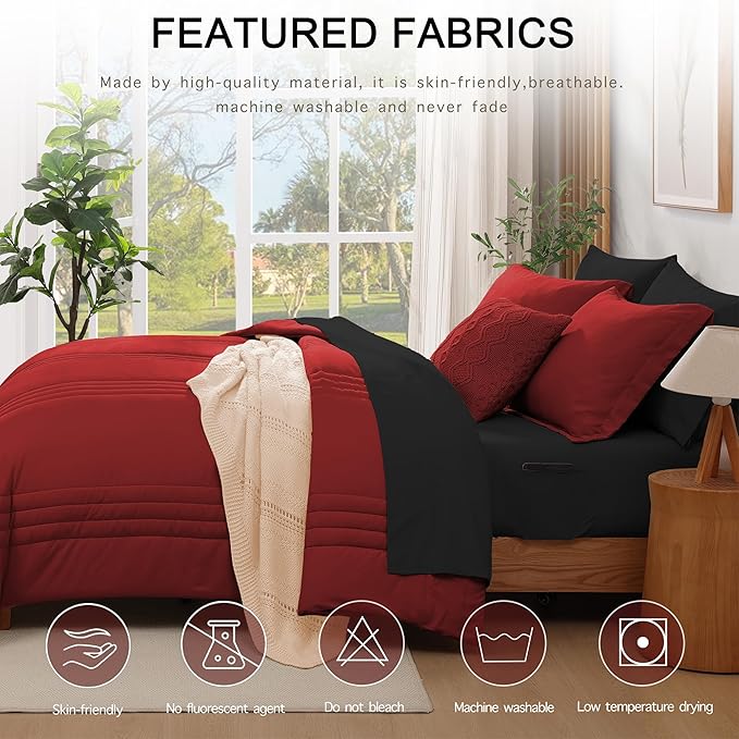 Monbix King Size Comforter Set - 7 Pieces Bed in a Bag King, Bright Red Bedding Sets with Comforter, All Seasons Comforter Bed Set with Sheets, Pillowcases & Shams