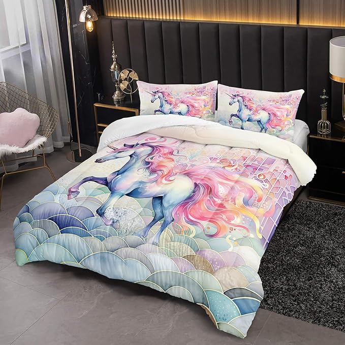 Pink Fantasy Unicorn Comforter Set King Rainbow Scales Unicorn 3pcs Bedding Set for Girls Boys Kids Cartoon Down Alternative Soft Lightweight Comforter with 2 Pillowcases All Season
