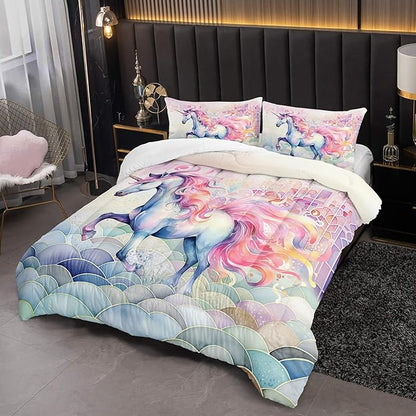 Pink Fantasy Unicorn Comforter Set King Rainbow Scales Unicorn 3pcs Bedding Set for Girls Boys Kids Cartoon Down Alternative Soft Lightweight Comforter with 2 Pillowcases All Season