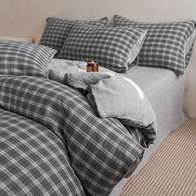 EAVD Vintage Style Grey Plaid Gingham Duvet Cover Twin Soft 100% Cotton Muslin Grey Grid Checkered Bedding Set with 2 Pillowcases Reversible Plaid Duvet Cover with Zipper Closure