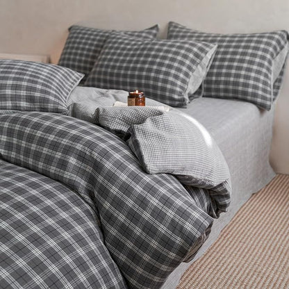 EAVD Vintage Style Grey Plaid Gingham Duvet Cover Twin Soft 100% Cotton Muslin Grey Grid Checkered Bedding Set with 2 Pillowcases Reversible Plaid Duvet Cover with Zipper Closure
