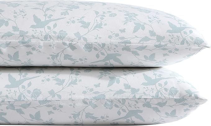 Laura Ashley Home - Standard Pillowcase Set, Cotton Sateen Bedding, Smooth & Wrinkle-Resistant (Garden Palace Aqua, 2 Piece)