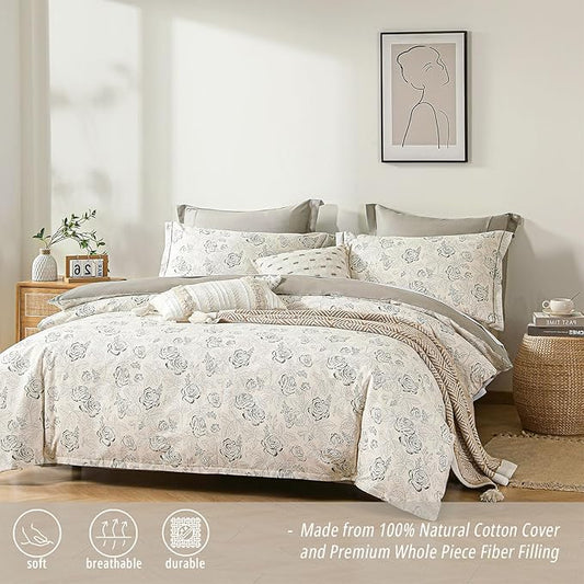 Vintage Botanical Cotton Comforter Queen Size 3PC - Elegant Floral Sketch on Ivory White with Tan Herringbone Reverse – Reversible Lightweight Comforter Set with Soft Fill(90"×90")