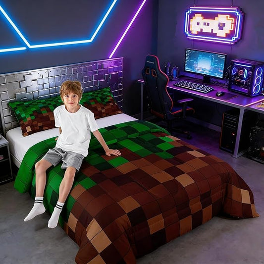 Pixelated Kids Bedding Set King Size,Patchwork Grid Video Games Comforter Set,Miners Lattice Simple Quilt Comforter,Dark Green Brown Bedroom Duvet Insert,2 Pillowcases