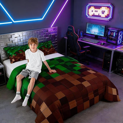 Manfei Pixelated Kids Comforter Set Queen Size,Patchwork Grid Video Games Bedding Set,Girls Boys Room Decor,Miners Lattice Quilt Comforter,Dark Green Brown Duvet Set Bedroom Quilt Set,2 Pillowcases