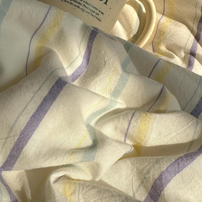 EAVD Retro Striped Duvet Cover Set Twin Size 100% Cotton Chic Stripes Printed Bedding Set with 2 Pillowcases Vintage Geometric Pattern Duvet Cover with Zipper Closure(Yellow&Purple&Blue, Twin)